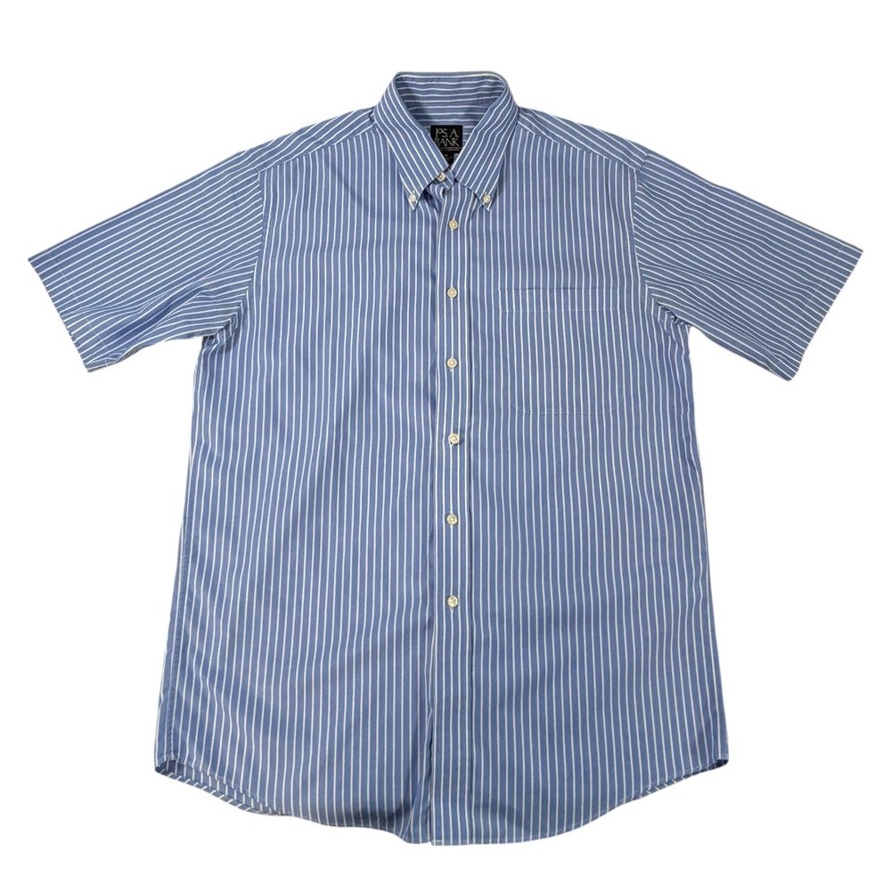 Jos A Bank Travelers Collection Mens M Blue White Striped Short Sleeve Shirt